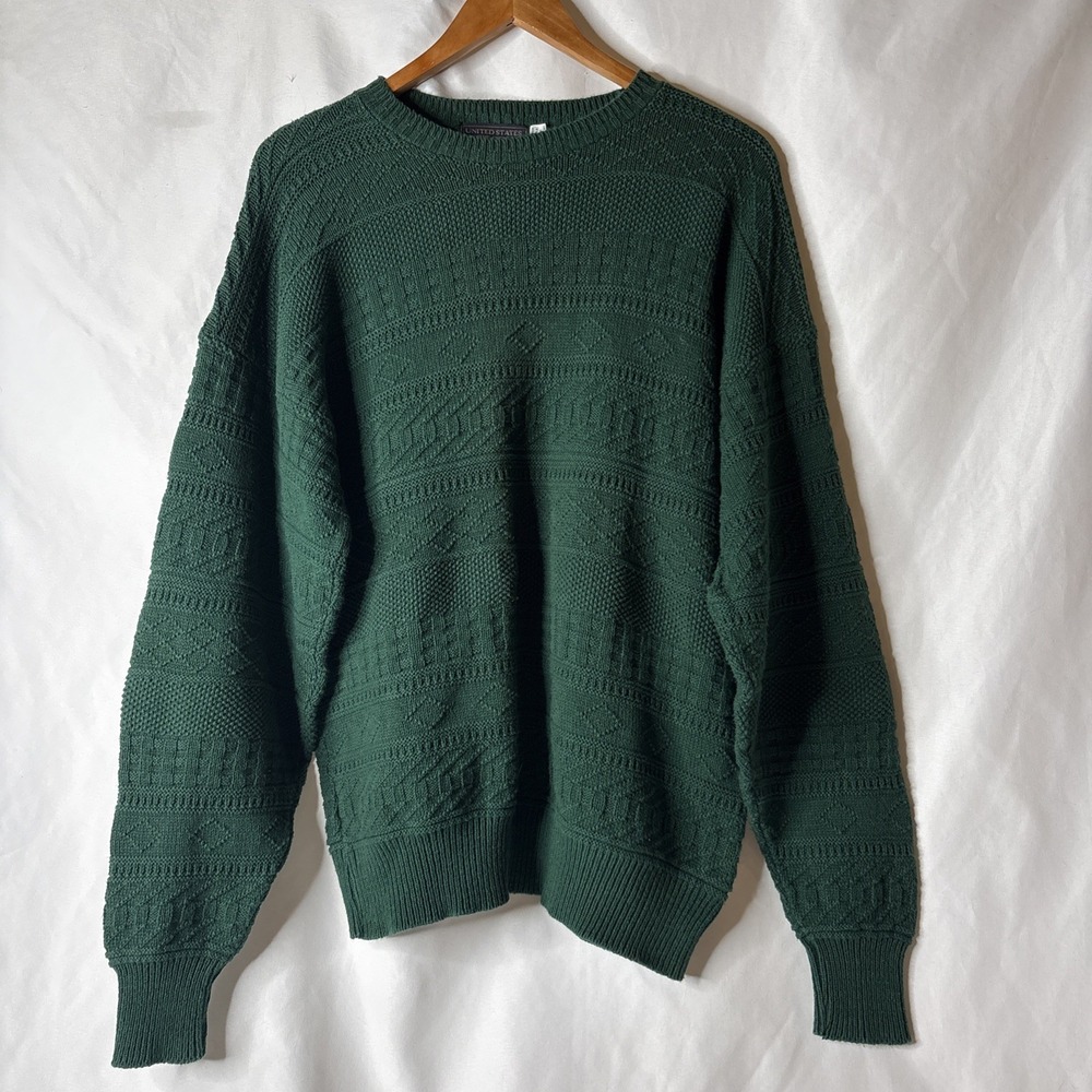 Vtg‎ United States Sweaters Brand Men's L Green Pullover Textured Sweater